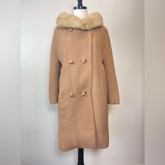 Vintage 1960s Wool Mink Collar Tweed Coat - Picture 1 of 6